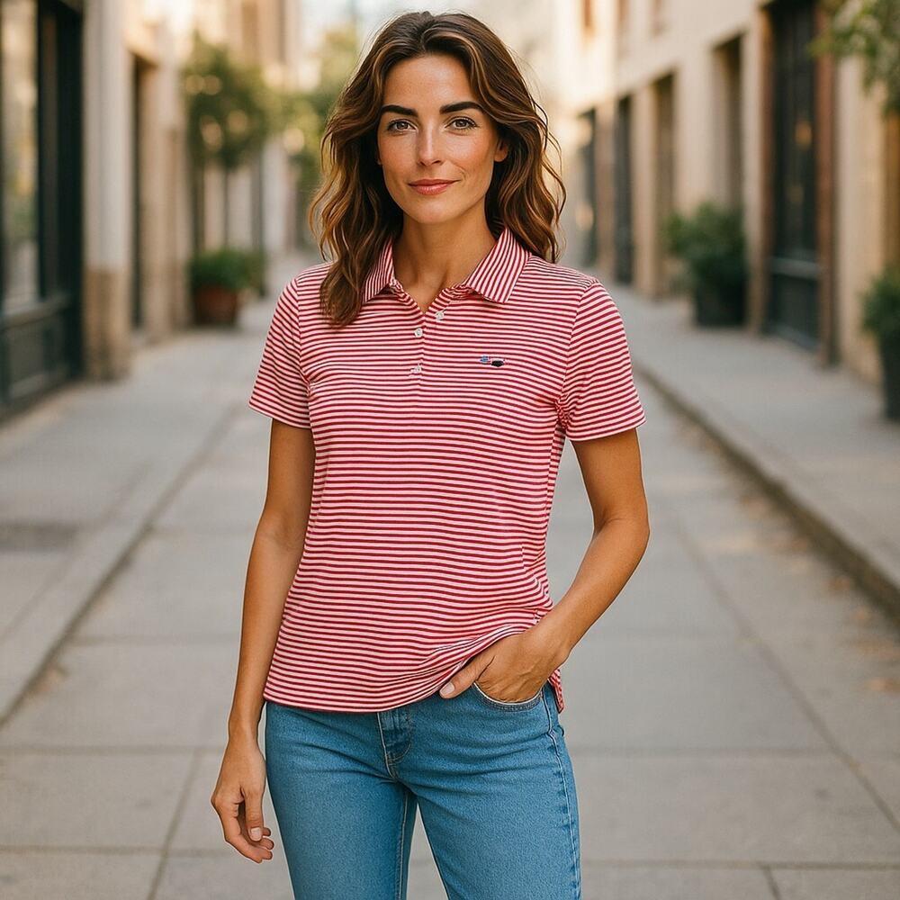 Vineyard vines red striped vine performance polo shirt women's size L